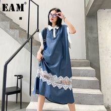 Load image into Gallery viewer, [EAM] Women Blue Lace Split Joint Long Big Size Dress New Lapel Sleeveless Loose Fit Fashion Tide Spring Summer 2020 1W361
