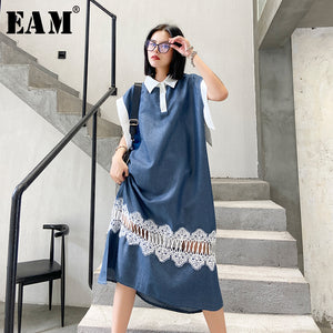 [EAM] Women Blue Lace Split Joint Long Big Size Dress New Lapel Sleeveless Loose Fit Fashion Tide Spring Summer 2020 1W361