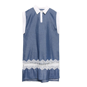 [EAM] Women Blue Lace Split Joint Long Big Size Dress New Lapel Sleeveless Loose Fit Fashion Tide Spring Summer 2020 1W361