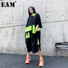 Load image into Gallery viewer, [EAM] Women Green Pleated Big Size Shirt Dress New Lapel Three-quarter Sleeve Loose Fit Fashion Tide Spring Summer 2020 1W358
