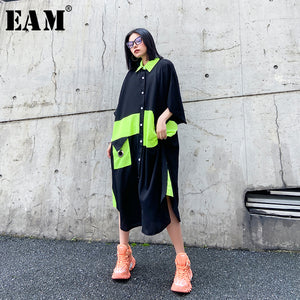 [EAM] Women Green Pleated Big Size Shirt Dress New Lapel Three-quarter Sleeve Loose Fit Fashion Tide Spring Summer 2020 1W358