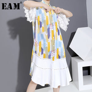 [EAM] Women Lace Rivet Pattern Printed Long Shirt Dress New Lapel Half Sleeve Loose Fit Fashion Tide Spring Summer 2020 1U524