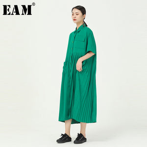 [EAM] Women Green Pleated Long Big Size Shirt Dress New Lapel Half Sleeve Loose Fit Fashion Tide Spring Summer 2020 1W100