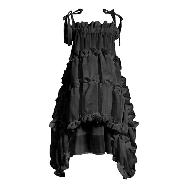 [EAM] Women Irregular Ruffles Spaghetti Strap Dress New Round Neck Sleeveless Loose Fit Fashion Tide Spring Summer 2020 1W571