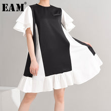 Load image into Gallery viewer, [EAM] Women Black Ruffles Split Midi Dress New Round Neck Short Sleeve Loose Fit Fashion Tide Spring Summer 2020 1U49501
