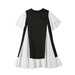 [EAM] Women Black Ruffles Split Midi Dress New Round Neck Short Sleeve Loose Fit Fashion Tide Spring Summer 2020 1U49501