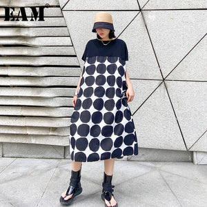 [EAM] Women Black Dot Printed Big Size Long Dress New Round Neck Short Sleeve Loose Fit Fashion Tide Spring Summer 2020 1W551