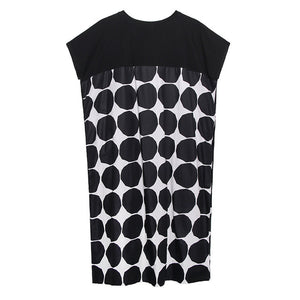 [EAM] Women Black Dot Printed Big Size Long Dress New Round Neck Short Sleeve Loose Fit Fashion Tide Spring Summer 2020 1W551